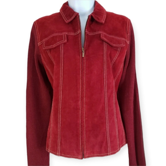 NWOT Coldwater Creek red suede leather & wool zip up jacket Womens 12 - Picture 5 of 8